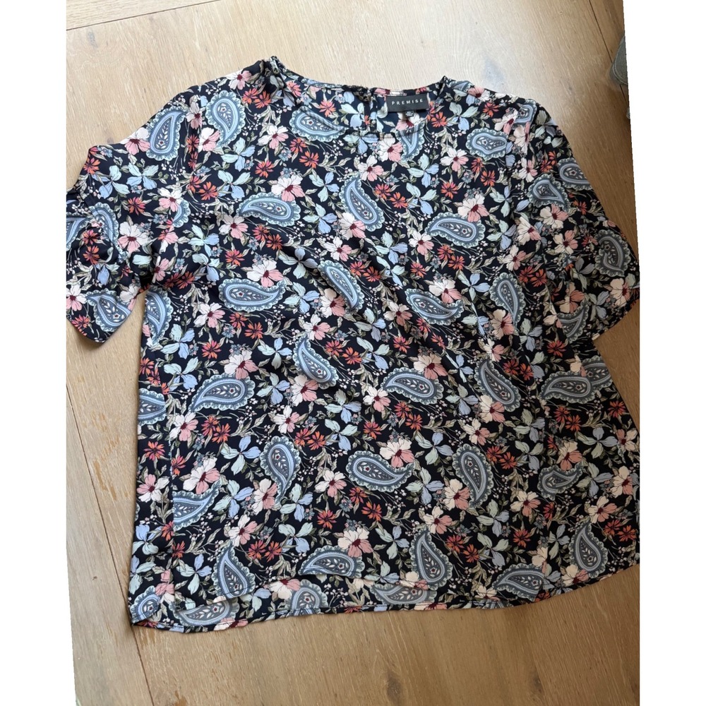 Premise Womens Navy Blue Paisley Floral Ruffle Short Sleeve Blouse Top L